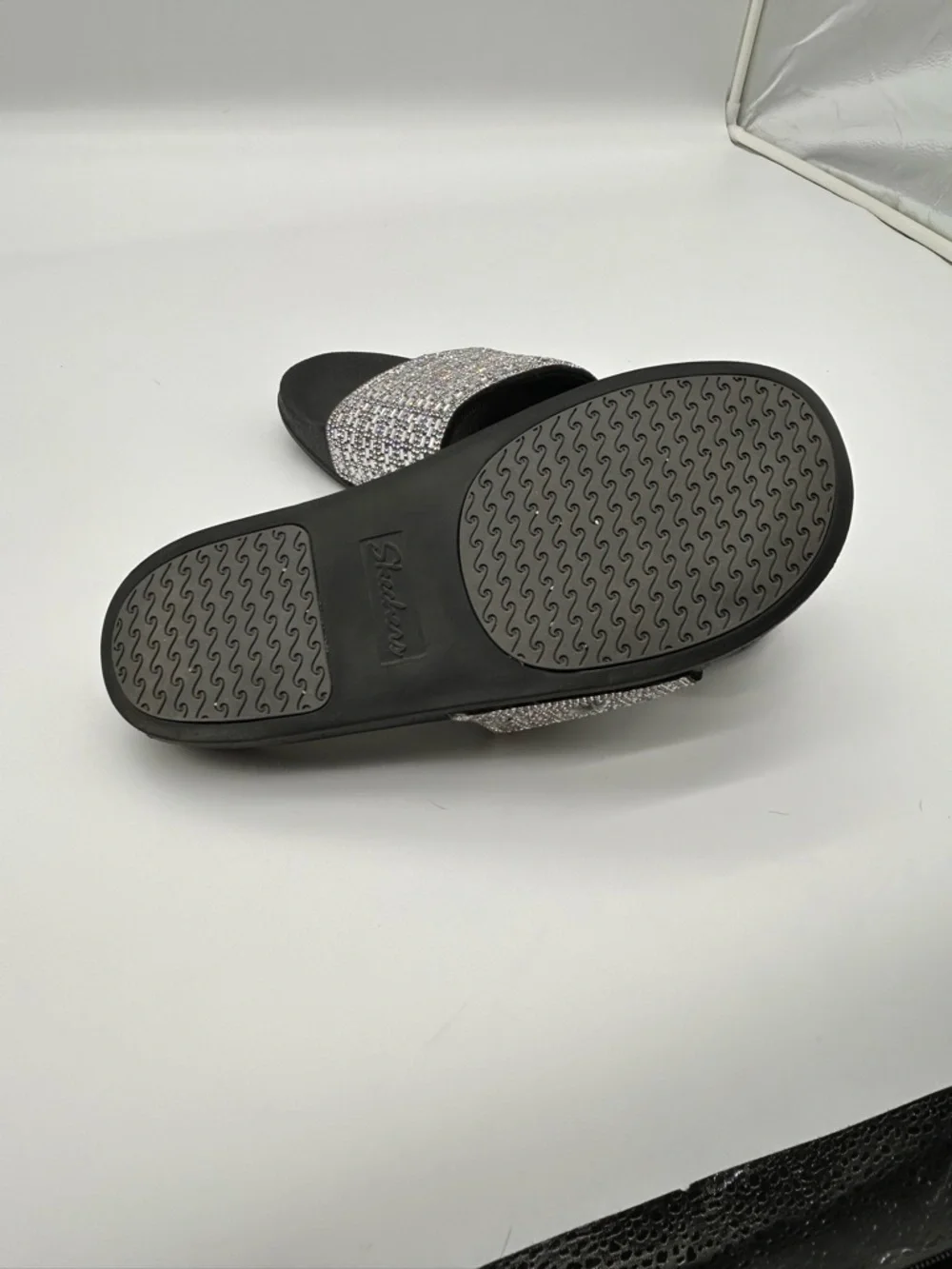 Skechers Women’s Black Slides with Silver Sparkle Strap - Picture 6 of 6